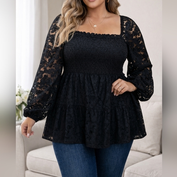 Perfectly Priscilla Tops - PERFECTLY PRISCILLA 3X Elegant Black Lace Smock Blouse | Square Neck